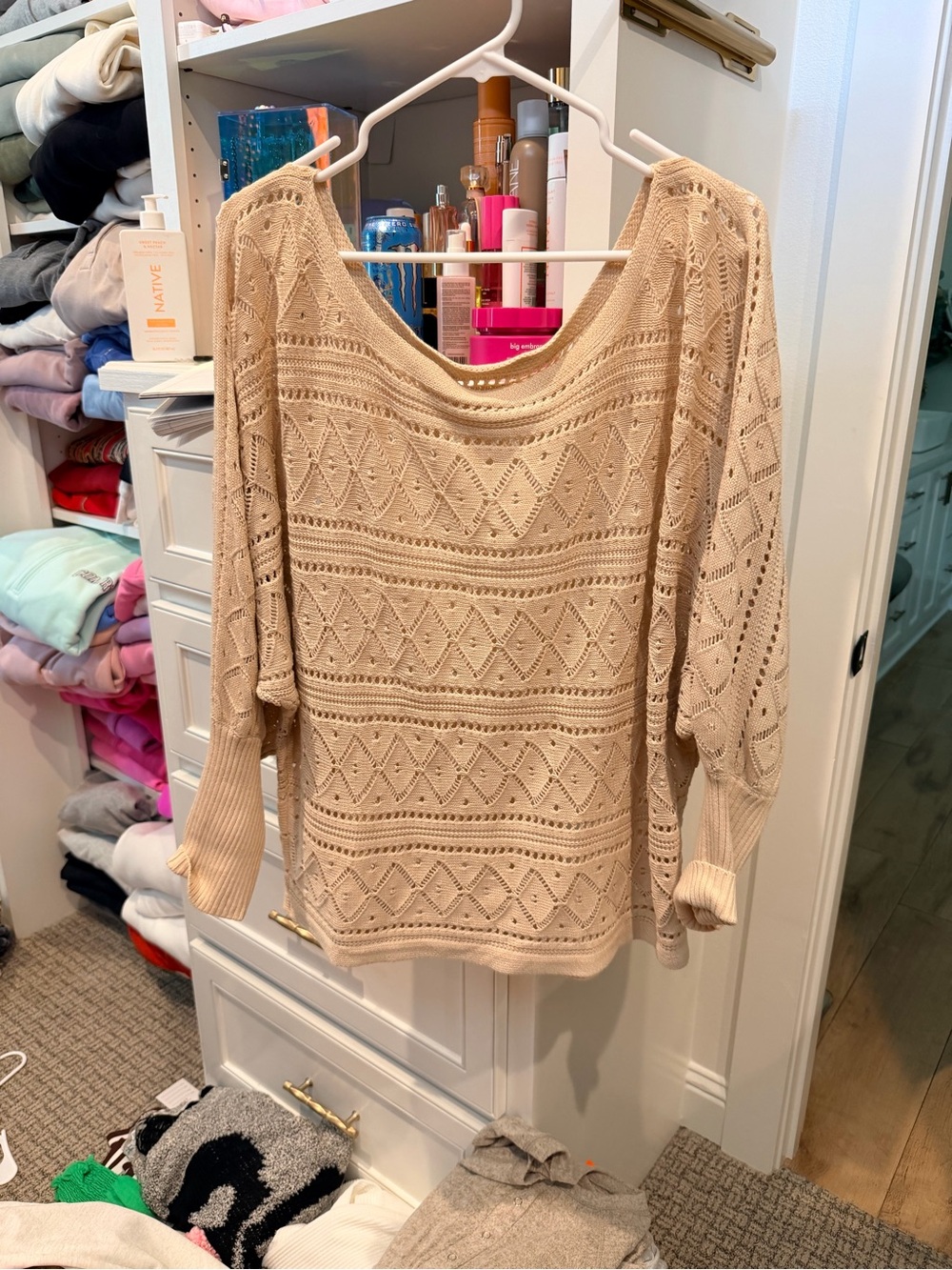 Beige Open-Knit Boatneck Sweater